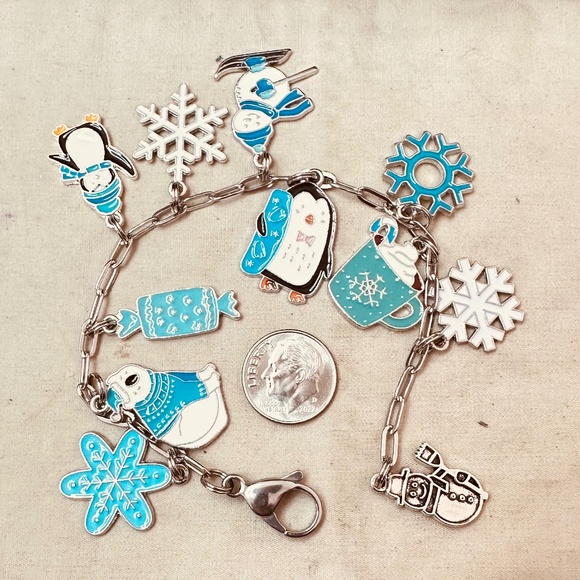 Handcrafted Winter Enamel Charms Bracelet Small Stainless Steel Paperclip Chain - Picture 3 of 8